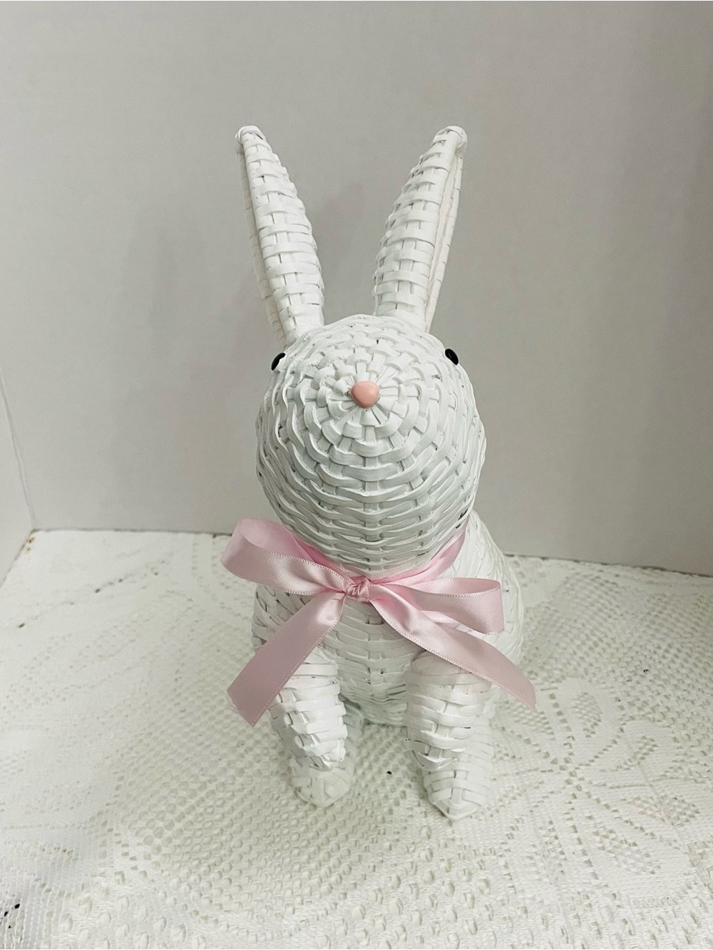 White Woven Resin Bunny Accent with Pink Ribbon